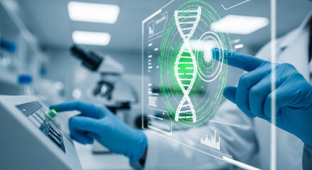 A scientist in a futuristic laboratory analyzes a holographic DNA helix on a digital interface a perfect concept for genetic research and medical innovation