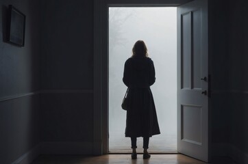 Woman standing in doorway looking out at foggy landscape  