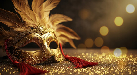 An elegant Venetian masquerade mask rests on a glittering gold surface with bokeh lights a perfect background for a mysterious carnival ball or a New Year's party