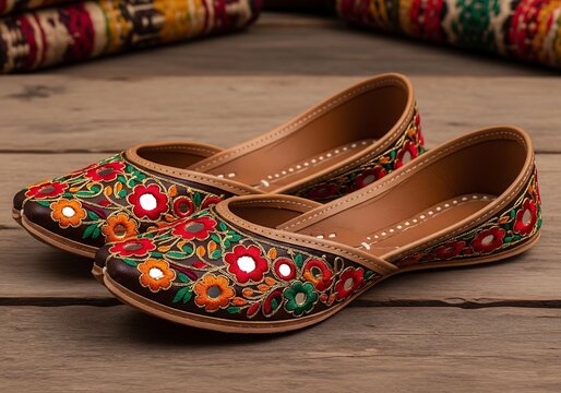 Vibrant Embroidered Indian Jutti Shoes on Rustic Wood