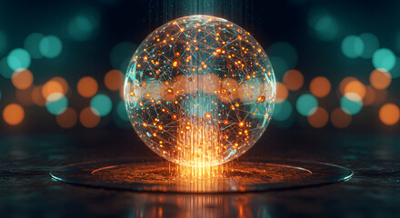 Abstract globe connecting glowing particles represents technological innovation and global data networking