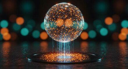 Futuristic network sphere with glowing connections and digital data streams emanating from a reflective surface