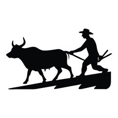 Farmer and ox plowing field silhouette