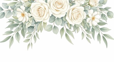 Watercolor white roses and greenery floral arrangement for wedding invitations card