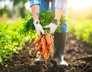 A person harvests carrots in a garden