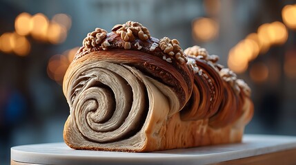 A luxurious image of Romanian cozonac, with its sweet, nut-filled swirl and soft dough, set against an elegant backdrop with warm lighting.