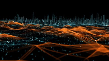 Futuristic Digital Data Network with Orange Light Waves Over City Skyline at Night