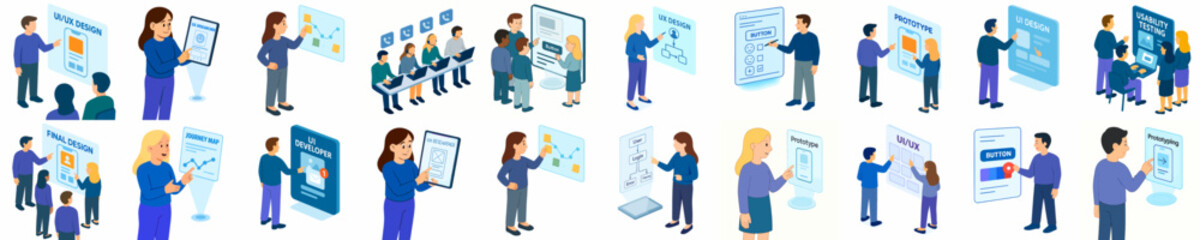 Isometric Style Detailed Group Interaction on Interactive Touchscreen Display Illustration