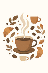 Obraz premium Warm Earth-Toned Coffee Vector – Flat Design Cup with Beans, Pastries, and Leaves in Geometric Layout – Ideal for Restaurant Decor.