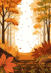Fall background with autumn leaves, pathway, and forest illustration