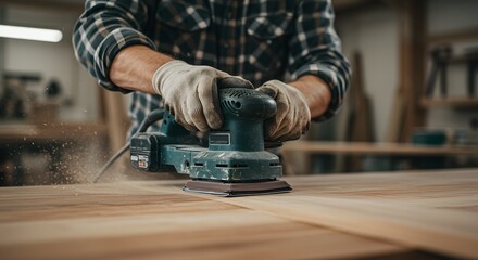 Woodworker Sanding Wooden Surface with Electric Sander