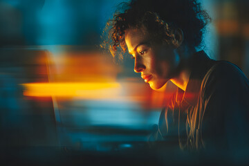 Young woman working on a laptop in a modern office evironment with vibrant neo lights and blurred motioneffects for technology andinnovation themes