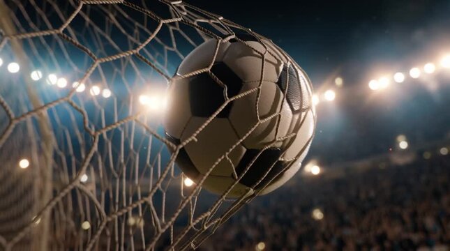 Extreme close-up, slow-motion shot of a soccer ball hitting the back of the net for a winning goal. Dramatic stadium lighting and euphoric, blurred crowd in background.