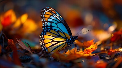 A vibrant butterfly with blue and yellow wings rests on colorful autumn leaves, illuminated by the golden warmth of the setting sun.