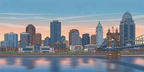 Fototapeta premium High-quality vector illustration of the Cincinnati skyline featuring iconic buildings and city landmarks