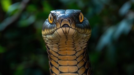 Fototapeta premium A vibrant snake stands tall amidst greenery, showing off its unique patterns and bright eyes