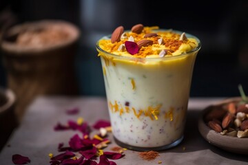 Freshly prepared Lassi creamy yogurt drink served a clay glass topped with malai and saffron strands summer street stall vibes detailed macro food photography