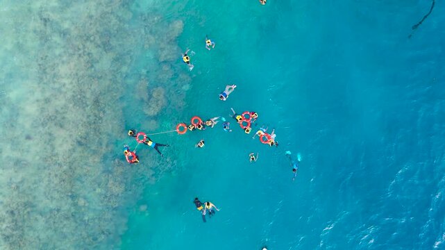 Aerial view of a group of adults swimming and floating in clear blue ocean water, some wearing life vests and using flotation rings, Philippines.