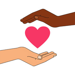 Two hands, one light-skinned and one dark-skinned, protecting and presenting a pink heart, symbolizing love, care, and unity.