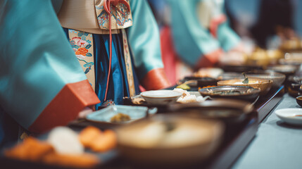 Traditional Korean Chuseok Festival Celebration with Colorful Hanbok and Authentic Food Dishes Prepared for Ancestral Memorial Ceremony and Family Gathering
