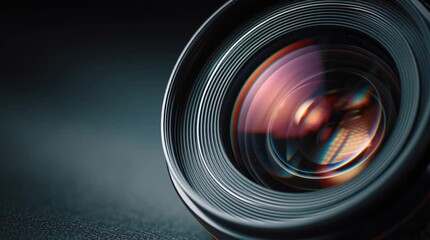 Extreme close-up of a professional camera lens, highlighting the intricate reflections and coatings on the glass. Dark, blurred background emphasizes precision and craftsmanship.
