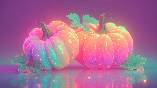glowing neon pumpkins in pastel 3d render, shiny halloween decoration for modern posters, wallpapers, packaging and digital art - Powered by Adobe
