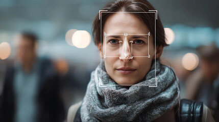 Face Recognition Technology: A detailed depiction of advanced facial recognition technology focusing on one individual, highlighting its precision and capability for automated identification.