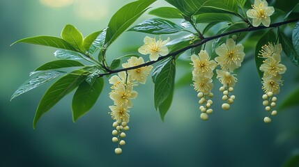 Close-Up of Yellow Osmanthus Flowers and Green Leaves with Sunlight Bokeh, Soft Pastel Blurred Background Nature Photography