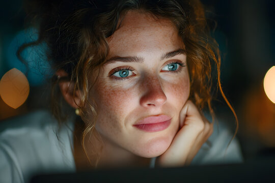 Closeup image of a woman working and touching on lapop computer touchpad