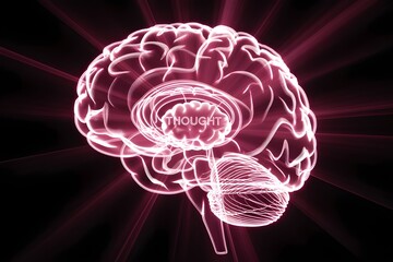 Glowing pink human brain with radial light effects on black background.
