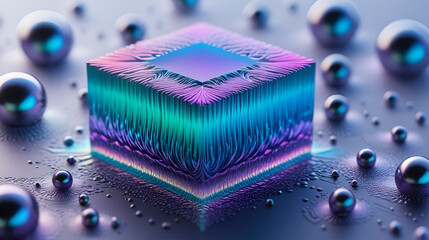 Ultra-high-definition macro shot of iridescent quantum foam forming impossible geometric structures in liquid mercury