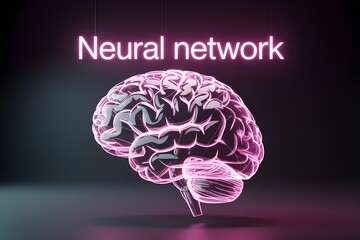 Glowing neural network brain with neon text.