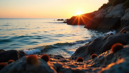 Ocean waves crashing on rocky shore at sunset with sun rays shining over the horizon creating golden hour