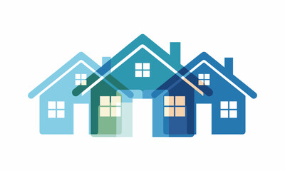 Vibrant overlapping house icons in cool blue and green tones symbolize community and real estate opportunities