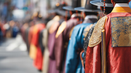 Traditional Korean Men in Royal Hanbok Parade During Chuseok Festival Celebration in Seoul Street Cultural Heritage Event