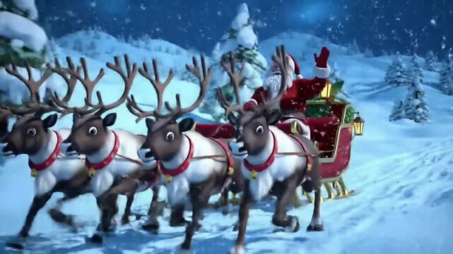Santa Claus riding sleigh pulled by reindeer across snowy landscape during starry winter night in festive 3D cartoon style. Holiday concept
