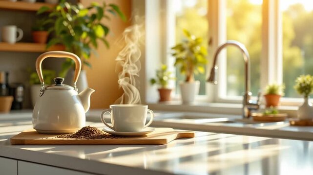 Steaming cup and white teapot wooden tray cozy kitchen with morning sunlight, green plant, and fresh atmosphere for relaxation steaming cup teapot morning sunlight kitchen green plant wooden tray