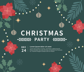 Christmas card template with poinsettia and ornaments.