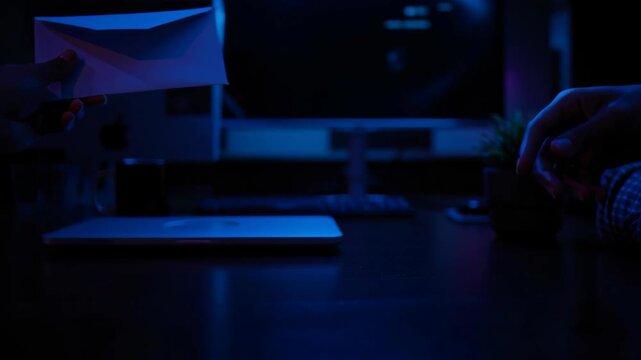 Envelope hand exchange in dark room with blue light, secret confidential transaction and mysterious communication, computer screen background, covert envelope handoff, confidential exchange