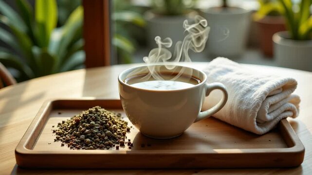 Steaming cup of yerba mate and herbal tea on wooden tray with loose leaf blend, white towel, cozy morning sunlight, and green plants in background, creating relaxing hot drink atmosphere
