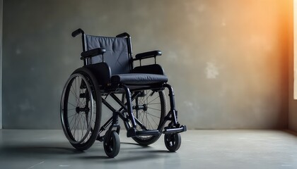 Obraz premium A black wheelchair stands alone in a room with a gray wall and light coming from the right side wall