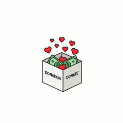 Illustration of a donation box filled with money and surrounded by floating red hearts, symbolizing generosity and giving.