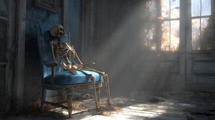 A weathered skeleton slumps in an old blue chair inside a decaying room, with natural light streaming through dusty windows, creating an eerie yet hauntingly beautiful atmosphere.