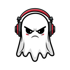 Cute Halloween ghost in headphones cartoon vector illustration on a transparent background