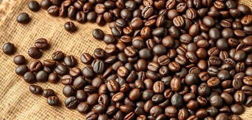 Fototapeta premium Dark roasted coffee beans scattered on burlap sack, beverage, coffee background