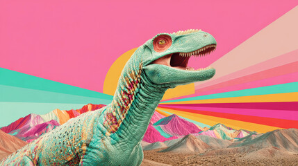 Fashion surreal collage art with dinosaur.