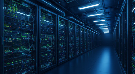 Modern data center aisle with rows of illuminated server racks and glowing blue lights creating a futuristic technological environment