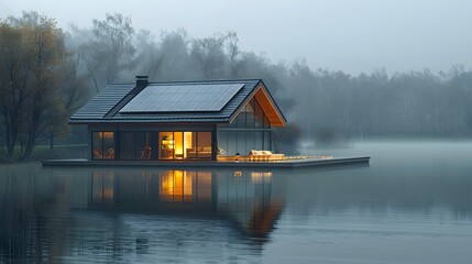 Fototapeta premium Eco-friendly wooden cabin by lakeside with solar panels