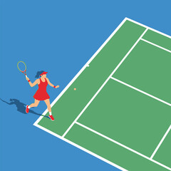 A stylized illustration of a female tennis player in action on a tennis court.