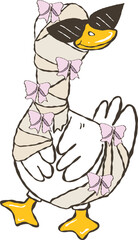 Cute cartoon goose dressed as a silly mummy holding a pumpkin, perfect for Halloween decorations, party invitations, seasonal clipart, and greeting cards.